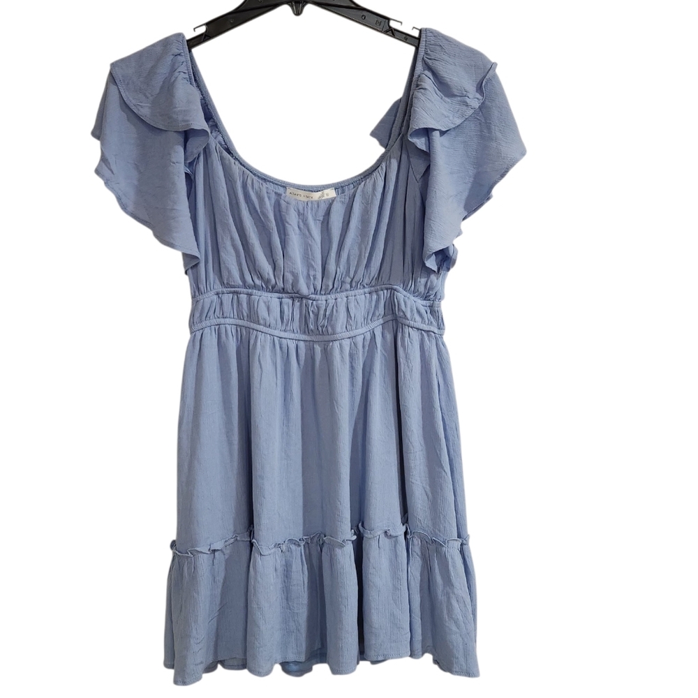 Altar’d State Women’s Sz XL  Ruched Mini Dress Blue Off Shoulder Ruffle Sleeve